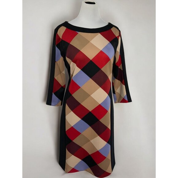 Nine West Womens Black Geometric Plaid Sheath Dress Size 10 Quarter Sleeve Midi - Picture 4 of 9